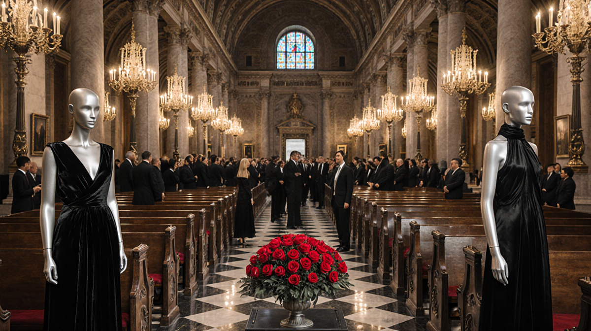 Valentino mannequins display iconic designs with red roses and velvet drapes in a historic funeral hall