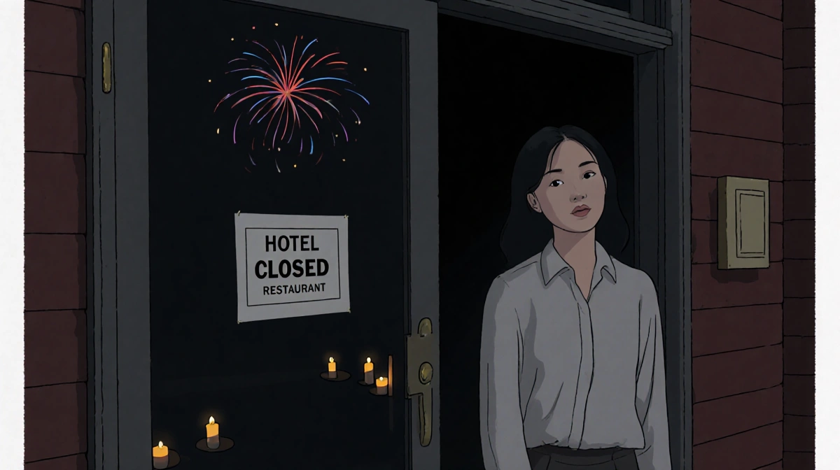 Rosanna Law standing before a hotel facade with a closed sign and faint candles inside reflecting economic hardship