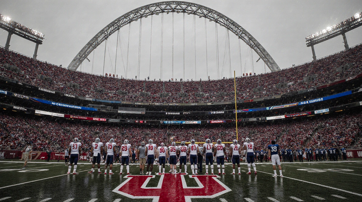 Alabama players standing and gazing up with a rain‑soaked Rose Bowl archway shadowing the field