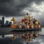 Rose Parade float reflects flowers on polished chrome under a gray rainy sky with Los Angeles skyline misty in background