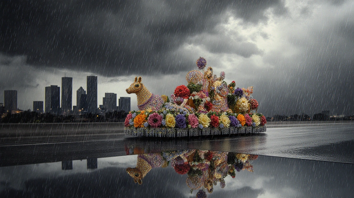 Rose Parade float reflects flowers on polished chrome under a gray rainy sky with Los Angeles skyline misty in background