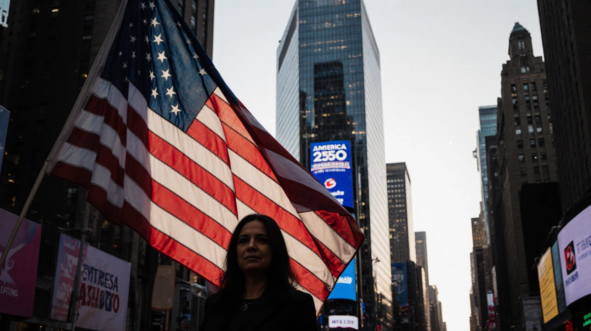 Rosie Rios standing with American flag and Times Square building silhouette in background balloons of 250-year celebration ne