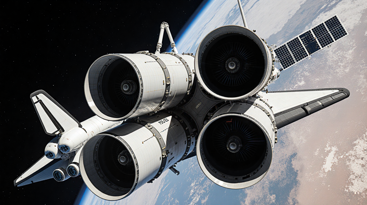 Four RS-25 rocket engines face the viewer with the Columbia shuttle outline behind.