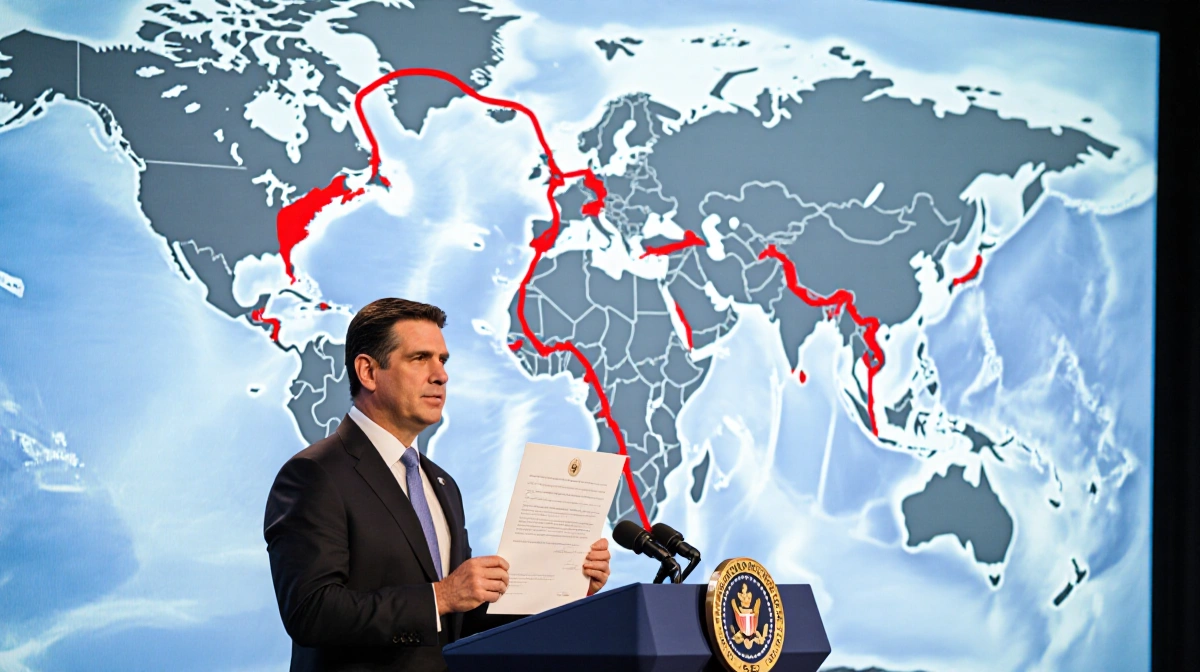 Marco Rubio holding signed agreement with digital screen showing map and red line symbolizing ceasefire