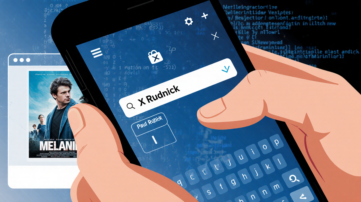 Paul Rudnick's hands typing on smartphone with X social media username displayed and blurred Melania poster and glitches.