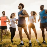Runner standing confidently at sunset with Brooks shoes and stylish running gear amid lush greenery