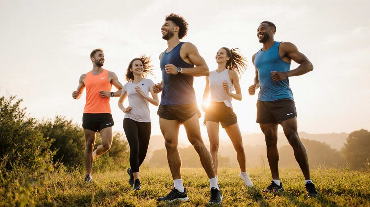 Runner standing confidently at sunset with Brooks shoes and stylish running gear amid lush greenery