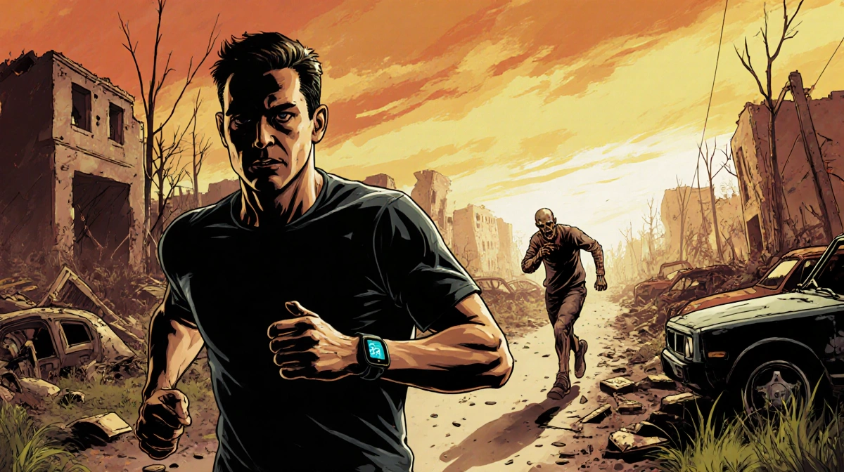 Runner sprinting through ruins with a fitness tracker and a zombie in the background