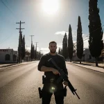 Man standing with a firearm on a California road lined with tall trees conveying calm determination