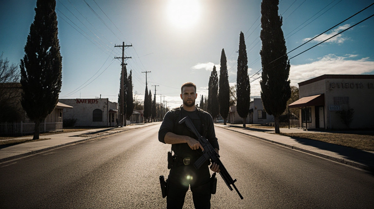 Man standing with a firearm on a California road lined with tall trees conveying calm determination