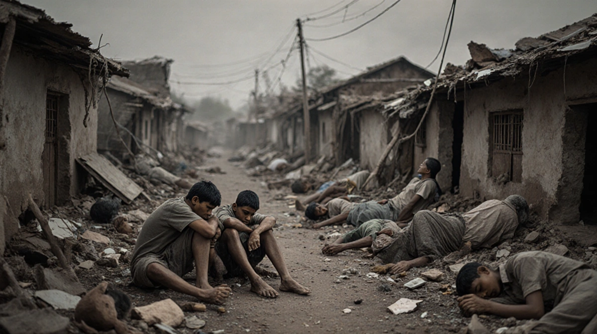 Survivors huddling amid rubble with scattered bodies in muted village background