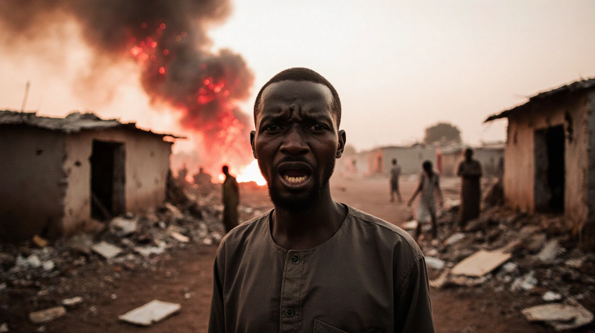 Villager Abubakar Sani standing with shock beside rubble from an explosion with a red-tinted sky.