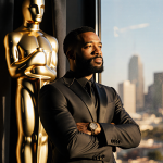 Ryan Coogler standing with arms crossed in front of an Oscar statuette with warm golden light and blurred Hollywood skyline