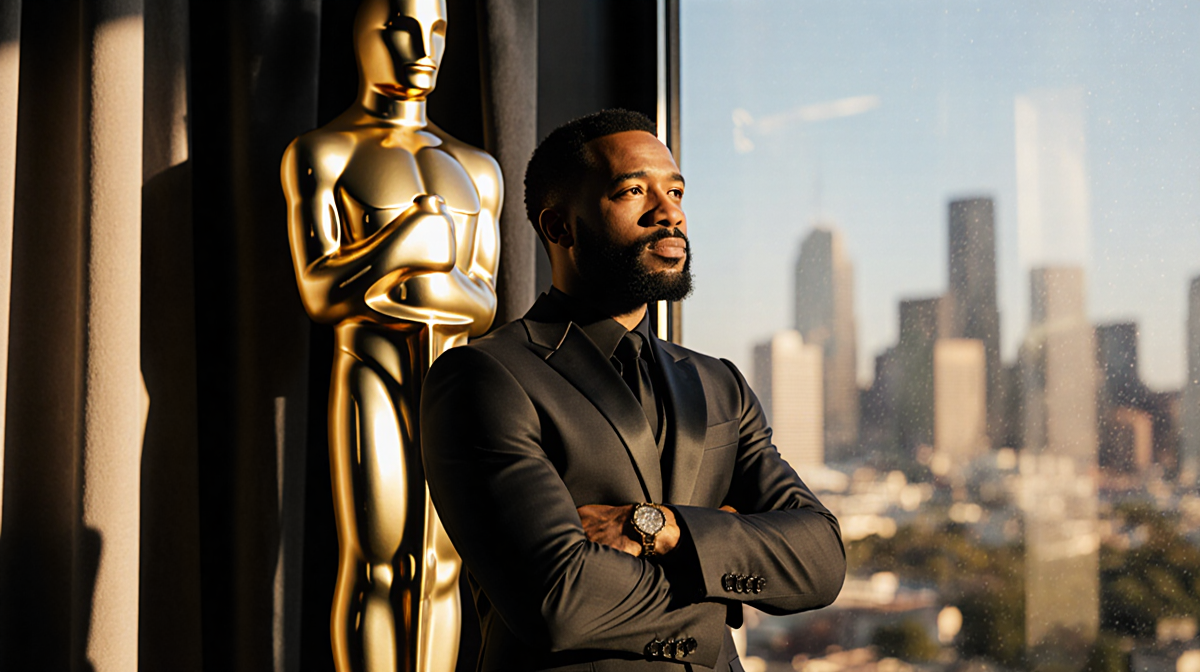 Ryan Coogler standing with arms crossed in front of an Oscar statuette with warm golden light and blurred Hollywood skyline