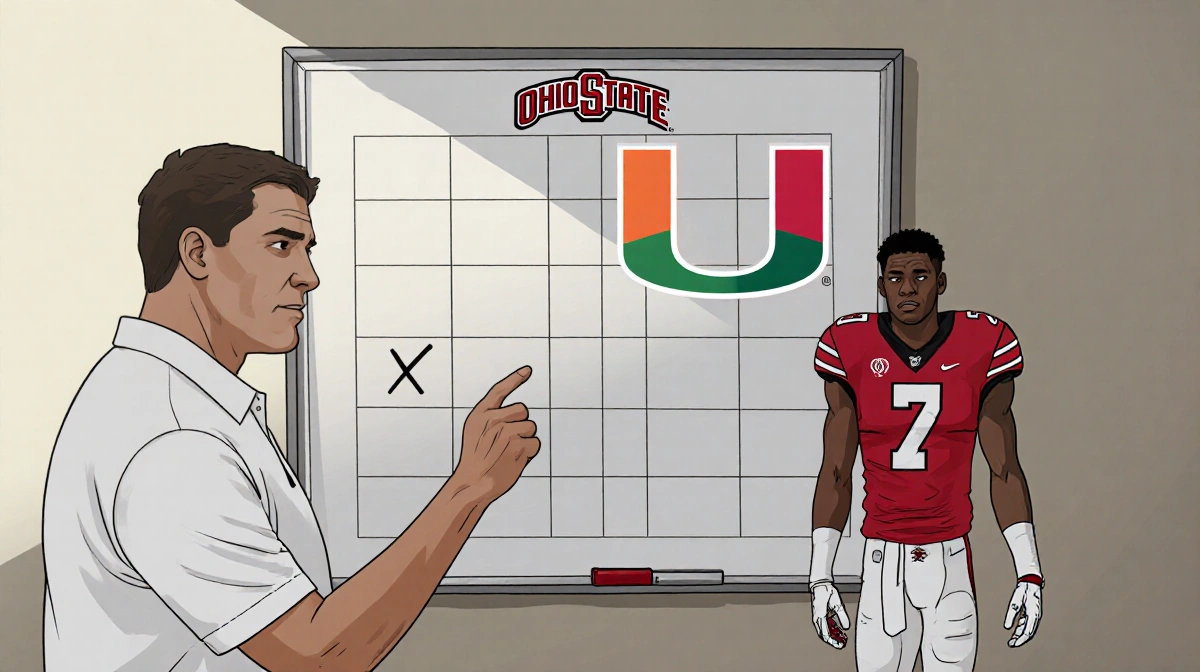 Coach Ryan Day stands in front of chalkboard with grid while safety Caleb Downs points to X and Buckeyes logo in background