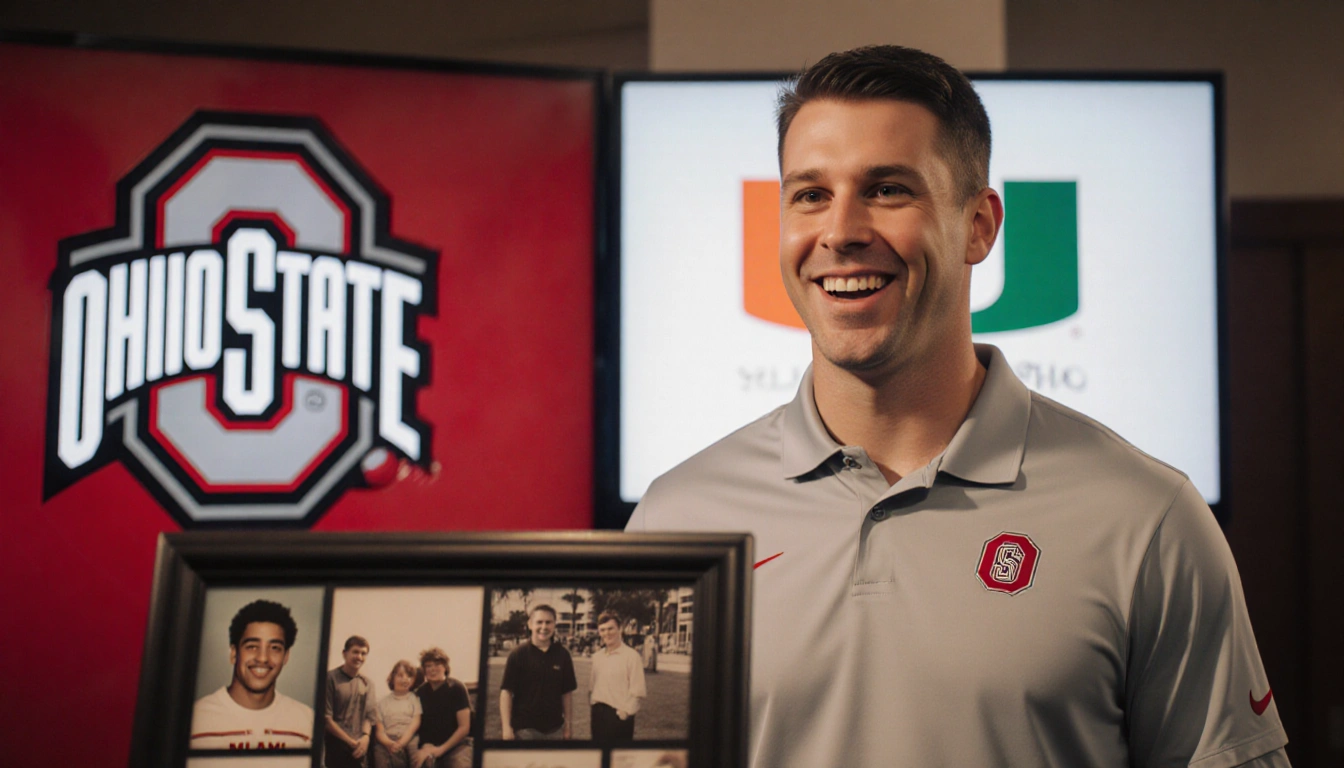 Ryan Day standing with Buckeyes and Hurricanes logos behind him and a collage of Jeremiah Smith family photos in front.