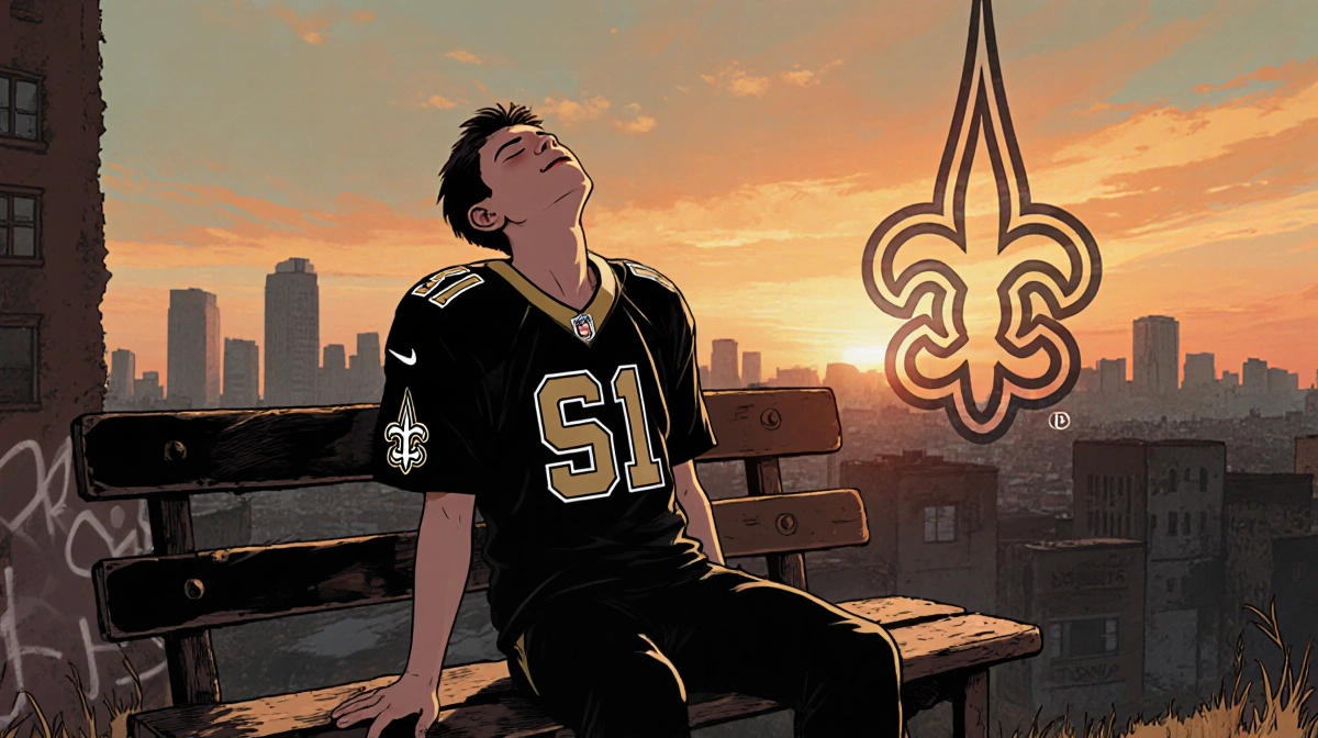 Person in Saints jersey sits on worn bench with sunset cityscape and graffiti Saints logo behind