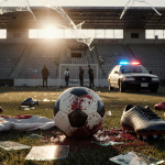 Bloodstained soccer ball lies amidst shattered glass and broken cleats with long shadows across the abandoned field