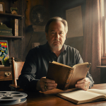 Sam Raimi holding a worn script with golden light and film reels around him hinting at Batman comics in background