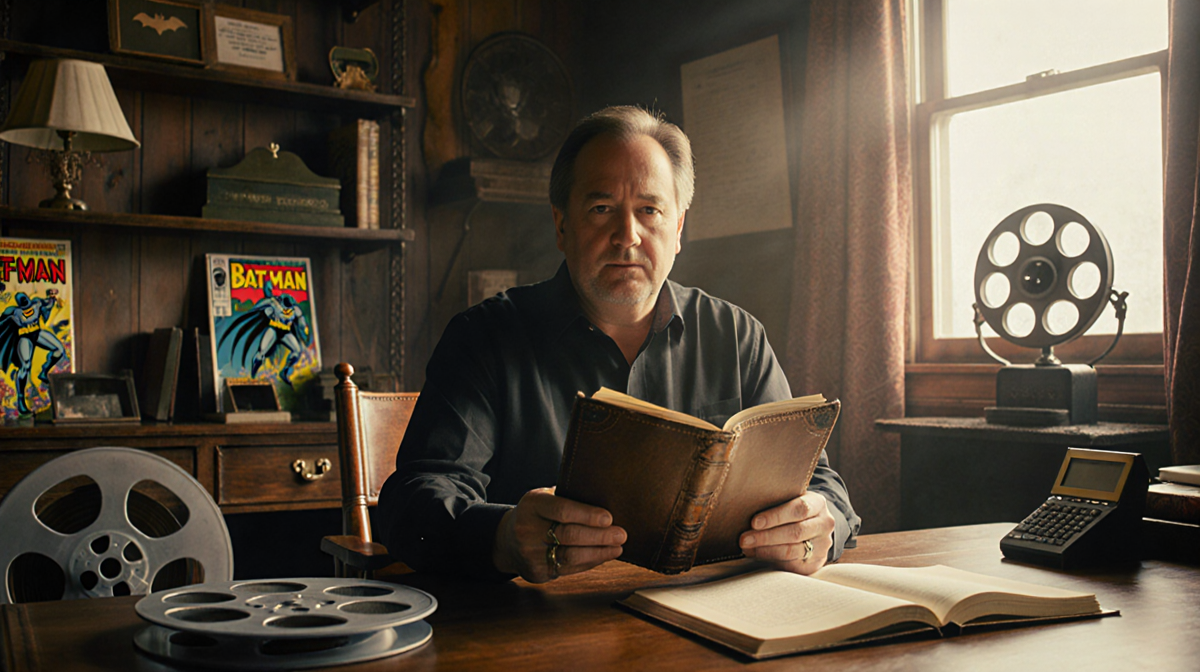 Sam Raimi holding a worn script with golden light and film reels around him hinting at Batman comics in background