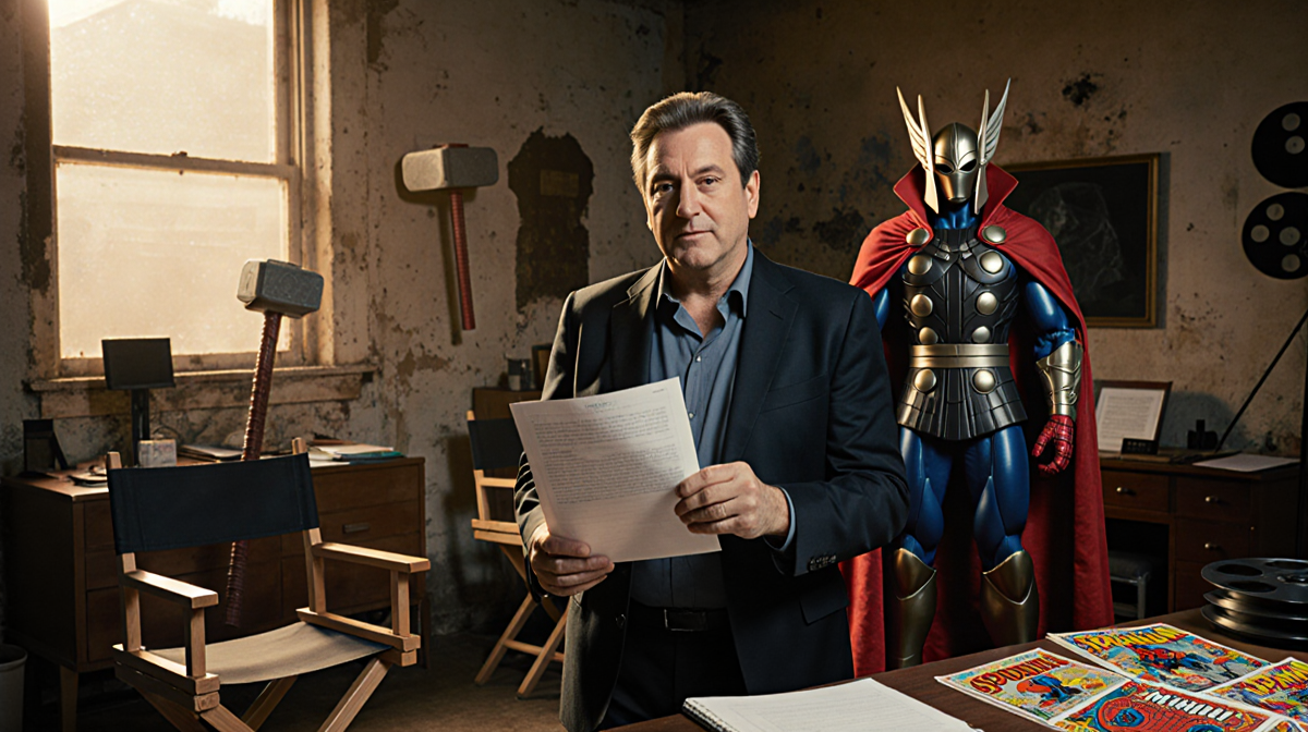 Sam Raimi holding a script with Spider-Man comics in nostalgic superhero and Thor's hammer and Doctor Strange cloak in office