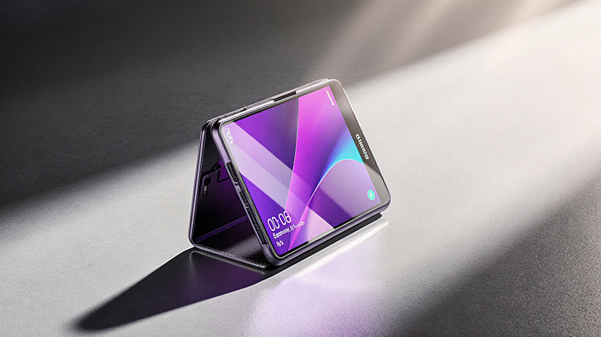 Smartphone unfolds from Galaxy Z Trifold case with purple glass display against silver-gray background