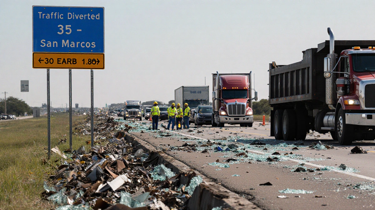 Cars backing up on I-35 in San Marcos with glass and metal debris on the road and a 'Traffic Diverted' sign near the median