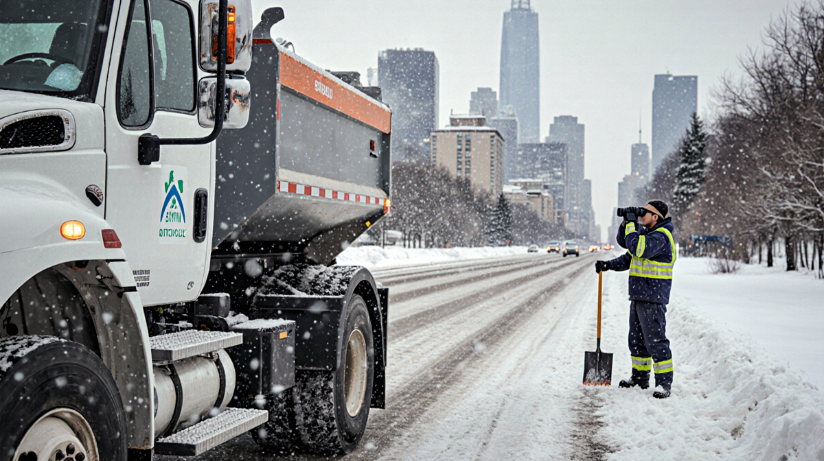 Sand truck parked beside icy road with spray nozzle and crew member with shovel near snowy skyline