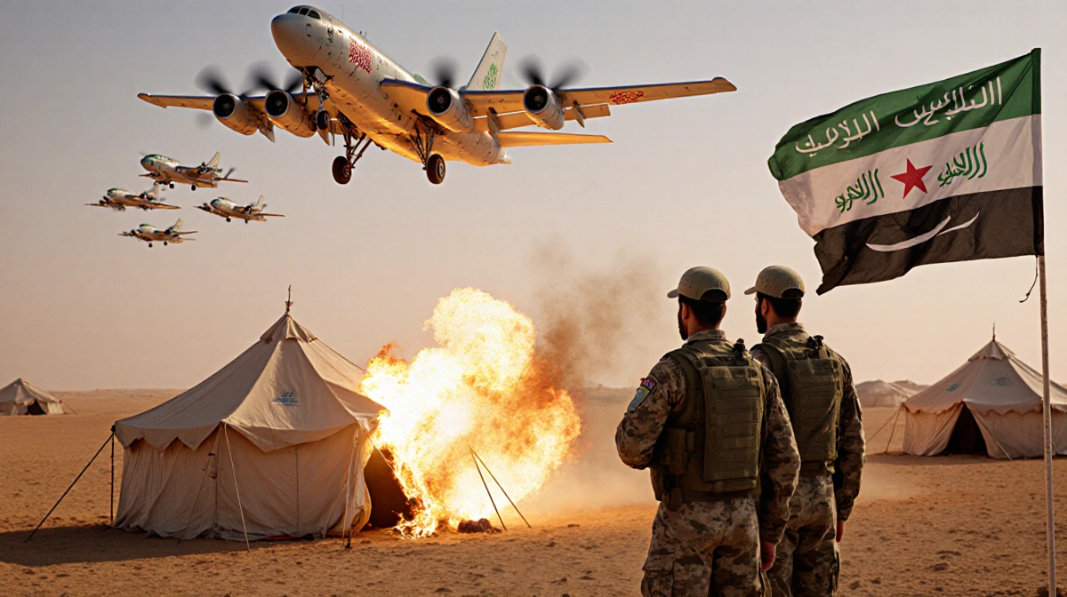 Saudi warplanes streak low over desert with flames engulfing a camp tent and soldiers standing back-to-back facing the attack