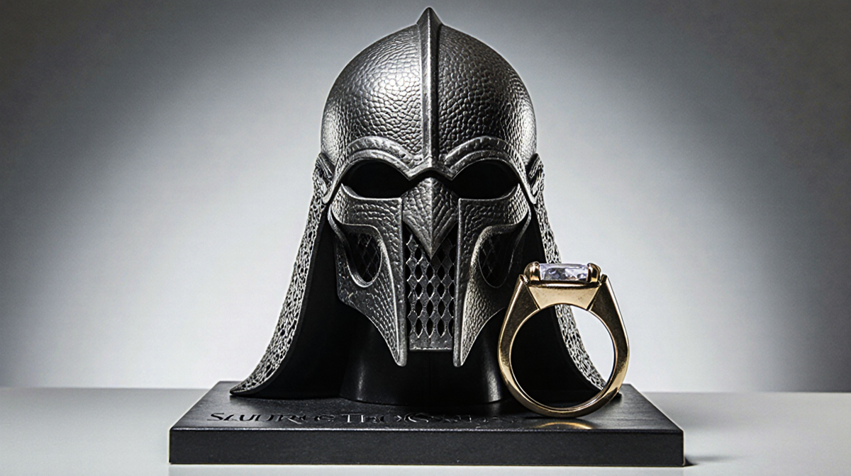 Magnified Sauron helmet with greebled texture and plated armor on gradient base and One Ring beside it.
