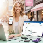 Woman browsing eBay on laptop with smartphone showing coupon code and scattered shopping items near a city street background