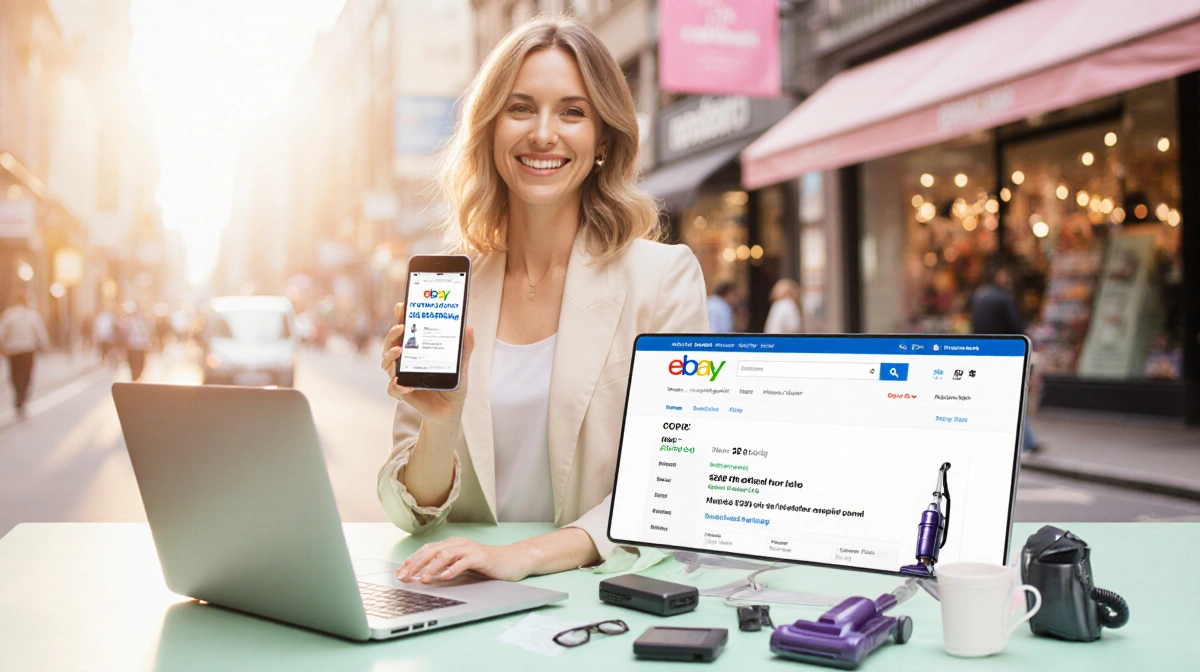Woman browsing eBay on laptop with smartphone showing coupon code and scattered shopping items near a city street background