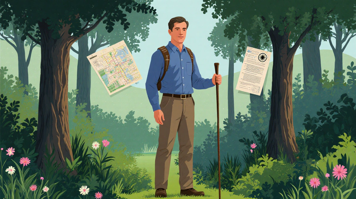 Sawyer Hackett standing in forest with walking stick and lush wildflowers showing hopeful political future.