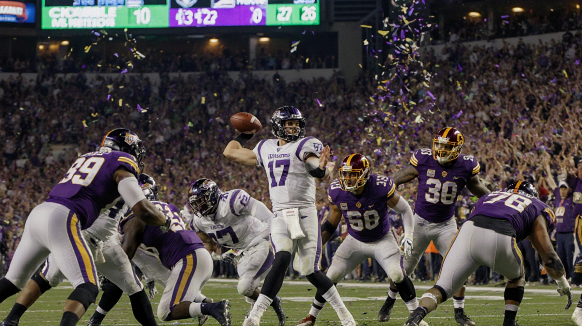Quarterback Seal throws game-winning football pass with scoreboard reading 30-27 TCU Alamo Bowl and cheering fans in backgrou