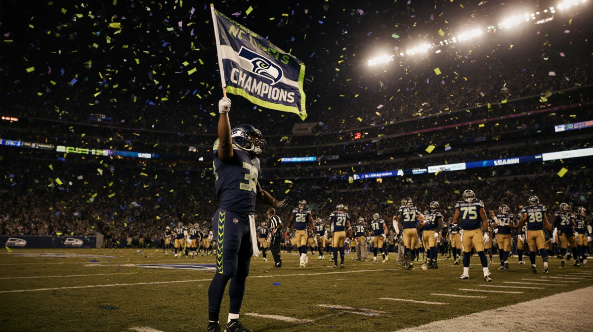 Seahawks player holding championship flag aloft with golden stadium lights and scattered confetti on empty Lumen Field.