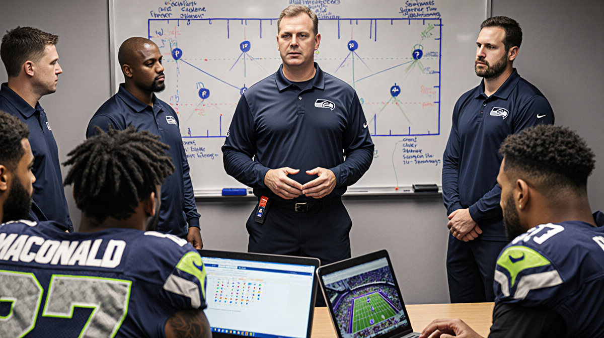 Seattle Seahawks Mike Macdonald stands with coaches team before board of defensive diagrams study game footage on laptops.