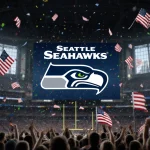 Seahawks logo dominating a massive scoreboard with fluttering flags confetti and blurred Seattle skyline
