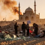 Alawite protesters amid sectarian clashes standing with signs tending wounded shattered glass and mosque ruins on Syria coast
