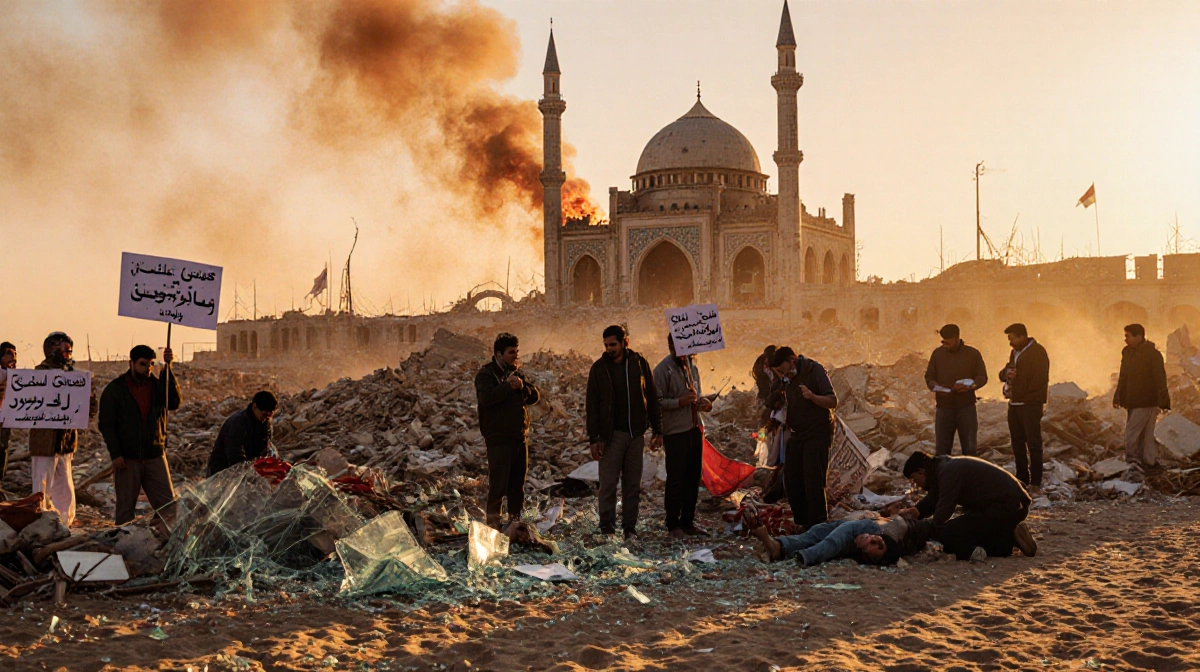 Alawite protesters amid sectarian clashes standing with signs tending wounded shattered glass and mosque ruins on Syria coast
