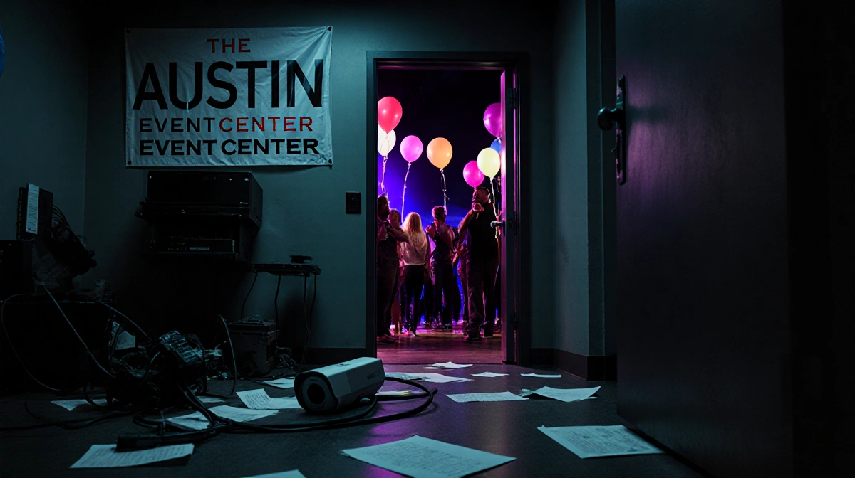 Disconnected camera on floor with paper and equipment in dim security room while party noise drifts through open door.