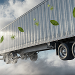 Suspended semi-trailer floating with transparent metal and swirling air clouds and tiny springtails