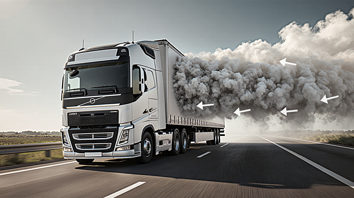 Semi-trailer truck moving down highway with swirling airflow vortex and arrows showing air displacement.