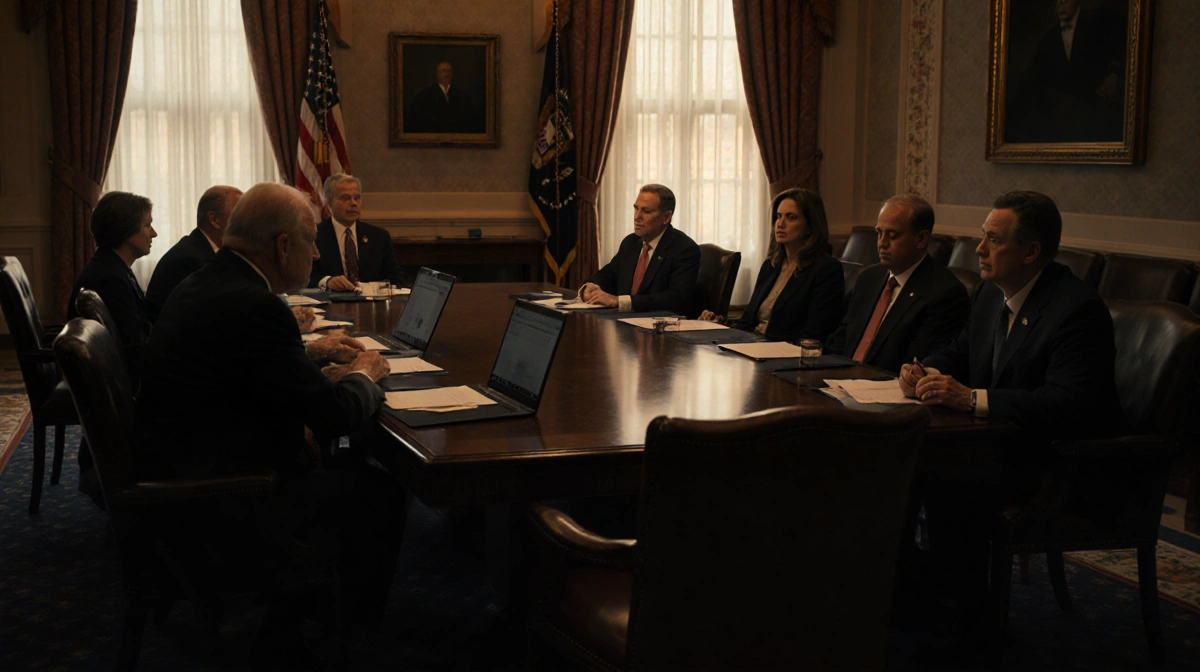 Senators gathering around a wooden table with an empty chair and warm light streaming through the window shutdown looms.