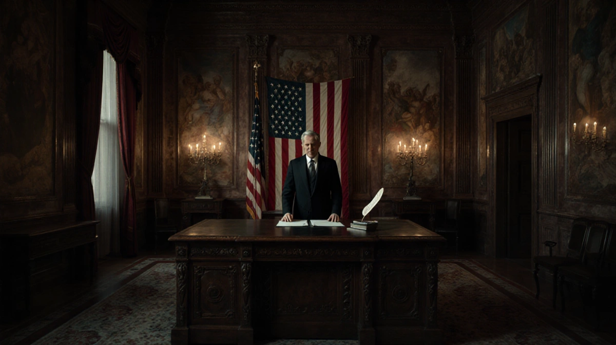 Senator standing before ornate desk with stack of papers and quill and limp American flag hanging in dim chamber