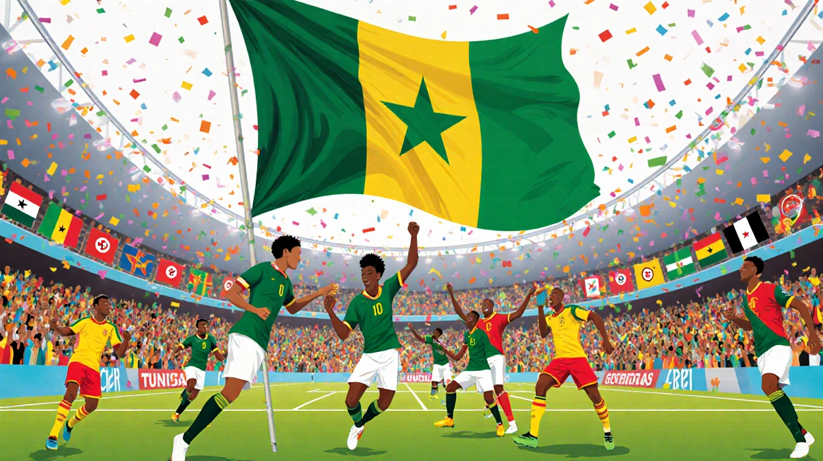 Senegal footballers celebrating victory with flag overhead and confetti in lively stadium