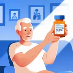Senior seated in living room holding prescription bottle with $2,100 tag amid family photos and warm blue glow