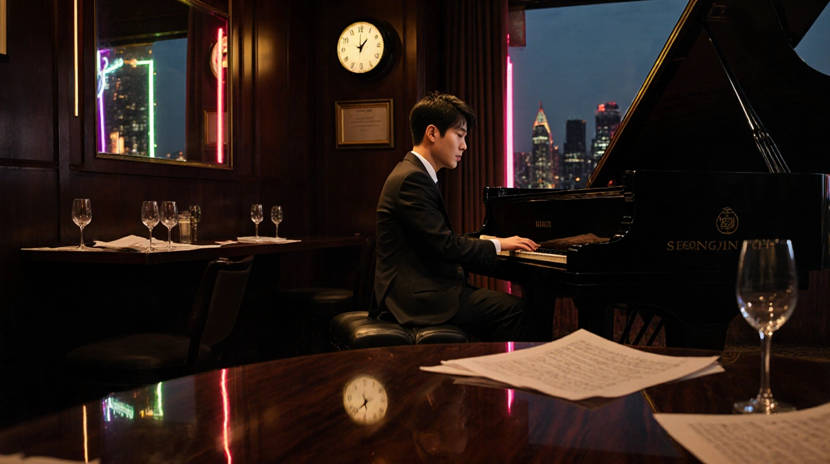 Seong-Jin Cho sits at a grand piano with neon lights during a late-night practice and city skyline glow