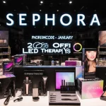 Sephora makeup counter arranging luxury products with soft natural light and promo code signage