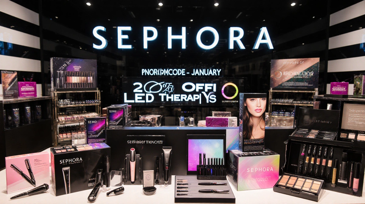 Sephora makeup counter arranging luxury products with soft natural light and promo code signage
