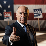 Sepp Blatter former FIFA president gesturing toward camera with glow and American flag background and protest banners